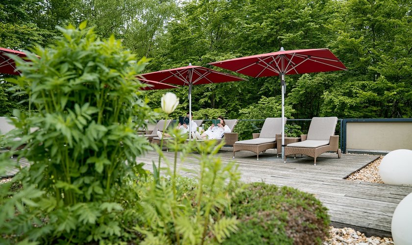 Dachterrasse auf Höhe der Baumwipfel im Naturresort Schindelbruch