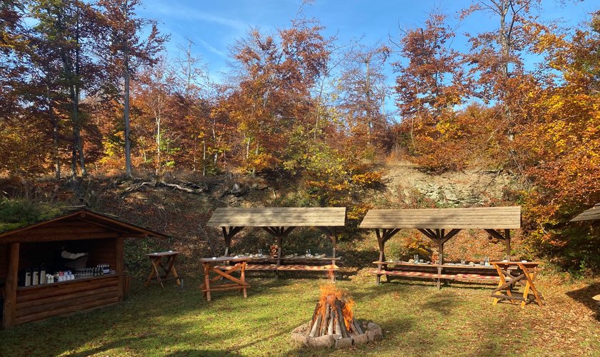 A lunch spot at an event in the middle of the colourful autumn forest in Stolberg harz.