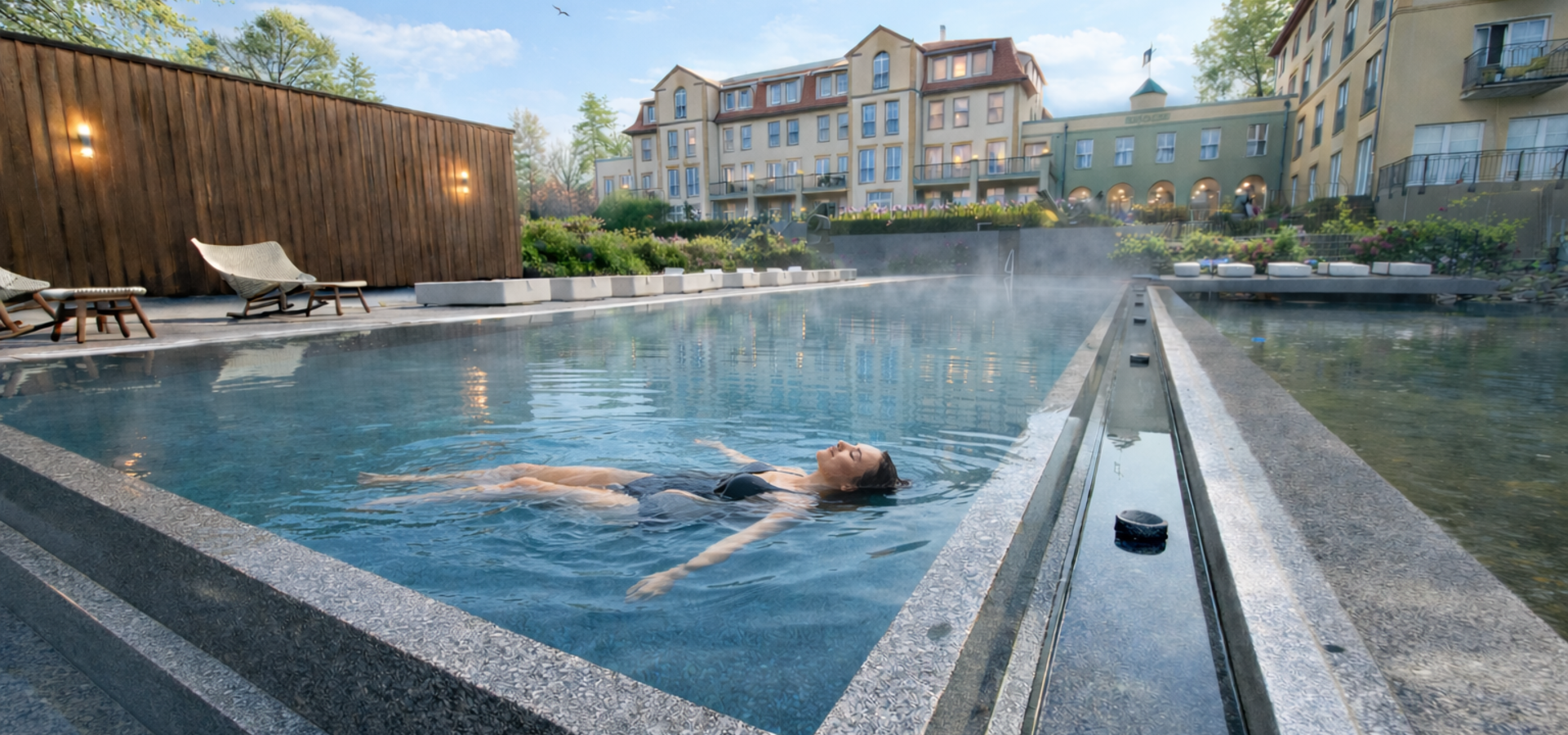 Der ganzjährig beheizte Außenpool lädt die Gäste zum Baden und Schwimmen ein.