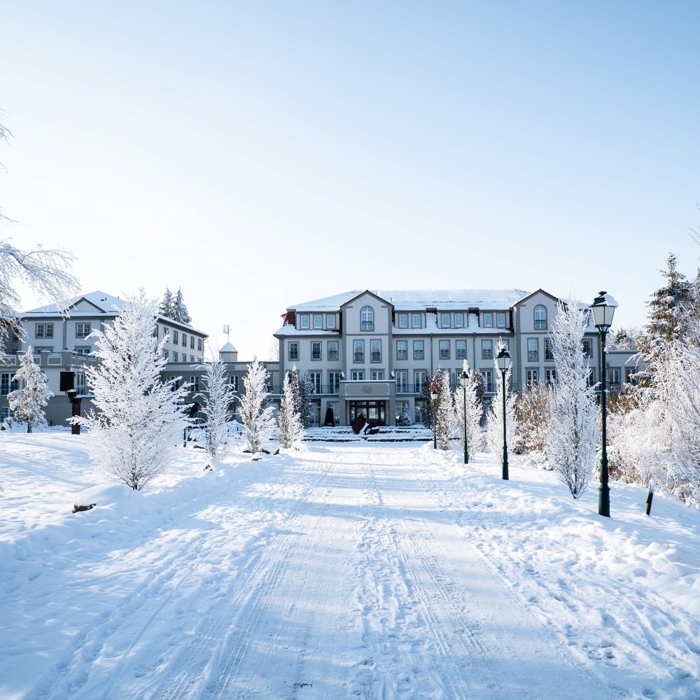 Der Weg von der Straße zum Wellnesshotel Schindelbruch im Winter mit blauem Himmel und Sonnenschein im Harz.